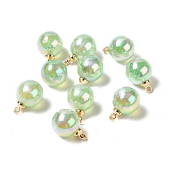 Pale Green UV Plating Acrylic Pendants, with Light Gold Tone Brass Findings, Round Charm, Pale Green, 13.5x9.5mm, Hole: 1.6mm