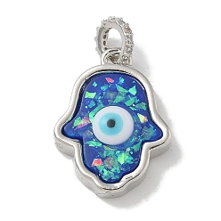 Средно-синий Стойки обшивки латунные подвески, с имитацией опала из смолы и блестками, долговечный, без свинца и без кадмия, Хамса руку с дурным глазом, светло-синий, 19.5x14.5x5 мм, отверстие : 3 мм