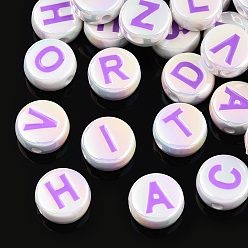 Orchid UV Plating Enamel Acrylic Beads, Iridescent, Mixed Letter, Flat Round, Orchid, 15x7mm, Hole: 2.2mm