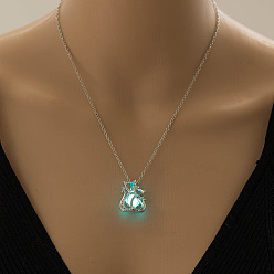 Cyan Glow in the Dark Luminous Alloy Cage Pendant Necklaces, Cat Shape, Cyan, 17.72 inch(45cm)