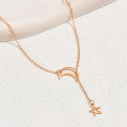 Настоящее золото 18K Модные повседневные сплав звезда луна роскошные кабельные цепи лариат женские ожерелья для женщин, реальный 18 k позолоченный, 23.62 дюйм (60 см)