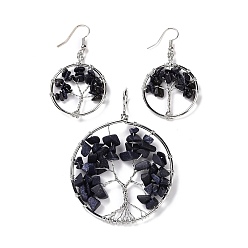 Blue Goldstone Brass Jewelry Sets, Big Pendants and Dangle Earrings, with Synthetic Blue Goldstone, Platinum, Ring with Tree of Life, 63~67x49~51x1.5~10mm, Hole: 4x5mm, 50~55x28~30x1.5~8mm, Pin: 0.8mm