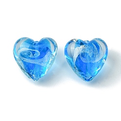 Dodger Blue Handmade Silver Foil Glass Beads, Heart, Dodger Blue, 20x21x12.5mm, Hole: 1.8mm