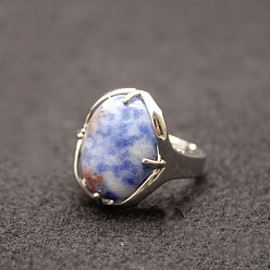 Blue Spot Jasper Oval Natural Blue Spot Jasper Adjustable Ring, Platinum Alloy Jewelry for Women, Inner Diameter: 18mm