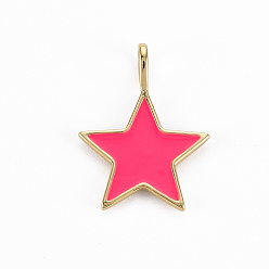 Светло-Вишневый Латунь эмаль подвески, без кадмия, без никеля и без свинца, реальный 16 k позолоченный, звезда, светло-вишневый, 25x19x5 мм, отверстие : 2.5x4.5 мм
