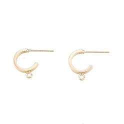 Real 18K Gold Plated Brass Stud Earring Findings, Half Hoop Earring Findings, with Horizontal Loops, C-Shaped, Real 18K Gold Plated, 13.6x17x1.7mm, Hole: 1.2mm, Pin: 0.7mm