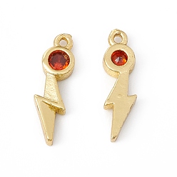Red Brass Micro Pave Cubic Zirconia Pendants, Real 18K Gold Plated, Lightning, Red, 13.5x4x2mm, Hole: 0.9mm