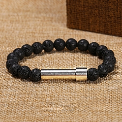 Lava Rock Natural Lava Rock Round Beads Stretch Bracelets, Titanium Tube Link Bracelets for Women, 11-3/8 inch(29cm), 8mm