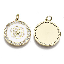 White Brass Micro Pave Cubic Zirconia Pendants, with Enamel and Jump Ring, Nickel Free, Flat Round with Flower, Real 16K Gold Plated, White, 22x20x2mm, Jump Ring: 5x1mm, 3mm inner diameter