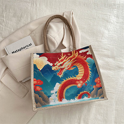 Blue Ethnic Style Dragon Pattern Canvas Shoulder Bags, Women Bags, Rectangle, Blue, 34x29x15.5cm