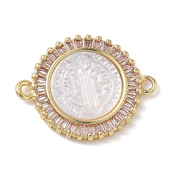 Pink Натуральная раковина, резная, религиозная медаль Святого Бенедикта, соединительные подвески, звенья из латуни с инкрустацией кубическим цирконием, реальный 18 k позолоченный, стойки покрытие, долговечный, без кадмия и без свинца, розовые, 18.5x23.5x3.5 мм, отверстие : 1.6 мм