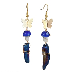 Blue Dyed Natural Quartz Crystal Nugget & Mushroom Lampwork Dangle Earrings, Golden Brass Butterfly Long Drop Earrings, Blue, 63~75x6.5~11mm