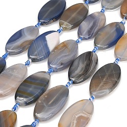 Blue Natural Banded Agate Beads Strands, Flat Oval, Dyed & Heated, Blue, 48x25x6mm, Hole: 3mm, about 7pcs/strand, 15.75''(40cm)