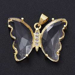 Clear Brass Micro Pave Clear Cubic Zirconia Pendants, with Glass, Butterfly, Golden, Clear, 20x26.5x5mm