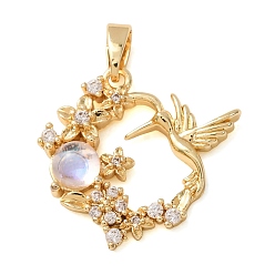 Golden Brass Micro Pave Clear Cubic Zirconia Pendants, with Resin, Round with Hummingbird & Flower Charms, Golden, 19.5x20.5x4mm, Hole: 4x2.5mm