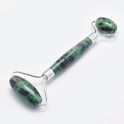 Ruby in Zoisite Natural Ruby in Zoisite Brass Face Massager, Facial Rollers, Platinum, 146~150x54~58x19~22mm