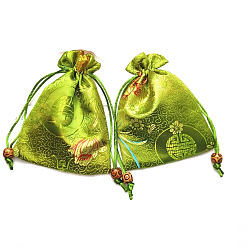 Yellow Green Chinese Style Flower Pattern Satin Jewelry Packing Pouches, Drawstring Gift Bags, Rectangle, Yellow Green, 14.5x10.5cm