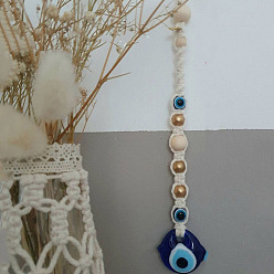 Royal Blue Teardrop with Evil Eye Glass Pendant Decorations, Cotton Cord Braided Hanging Ornament, Royal Blue, 200mm