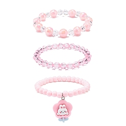 Pink 3 pcs 3 bracelets extensibles en perles acryliques de style sertis de breloques de lapin en résine pour enfants, rose, diamètre intérieur: 1-3/4 pouce (4.6 cm), 1 pc / style