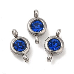 Sapphire 304 Stainless Steel Single Rhinestone Connector Charms, Flat Round Links, Stainless Steel Color, Sapphire, 12x6.5x4mm, Hole: 2mm