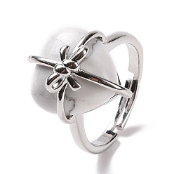 Натуральная Бирюза Сердце из натуральной бирюзы с регулируемым кольцом с бантом, украшения из латунной проволоки для женщин, без кадмия и без свинца, платина, размер США 7 1/4~13 (17.5~22.3 мм)