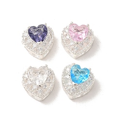 (52) Непрозрачная лаванда Стойки обшивки латунь микро проложить кубического циркония бусы, со стеклом, долговечный, без свинца и без кадмия, серебряные, сердце, разноцветные, 11x12x7 мм, отверстие : 1.6 мм