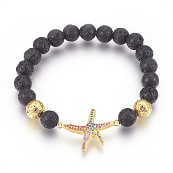 Golden Stretch Bracelets, with Long-Lasting Plated Electroplated Natural Lava Rock, Natural Lava Rock and Brass Cubic Zirconia Beads, Starfish/Sea Stars, Golden, 2-1/8 inch(5.3cm)
