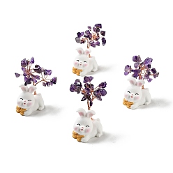 Amethyst Natural Gemstone Tree Display Decorations, Resin Rabbit Base Feng Shui Ornament for Wealth, Luck, Rose Gold, 26x42~49x62~64mm