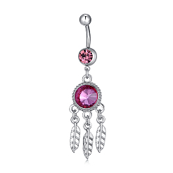 Platinum Piercing Jewelry, Brass Cubic Zirconia Navel Ring, Belly Rings, with 304 Stainless Steel Bar, Lead Free & Cadmium Free, Flat Round with Leaf, Fuchsia, Platinum, 63x16mm, Bar Length: 3/8"(10mm), Bar: 14 Gauge(1.6mm)