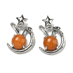 Красный Авантюрин Натуральный красный авантюрин подвески, Подвески в виде кролика со стойкой из латуни, луны и звезды, платина, без кадмия и без свинца, 27.5x18x9 мм, отверстие : 6x2.5 мм