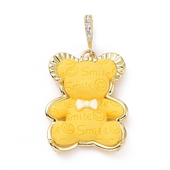 Gold Opaque Resin Pendants, Bear with Word Smile Charm, with Brass Micro Pave Clear Cubic Zirconia, Cadmium Free & Lead Free, Real 18K Gold Plated, Gold, 31x25x8mm, Hole: 4.5x7mm
