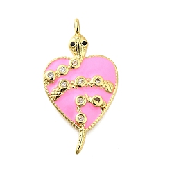 Pink Латунные микро проложить кубического циркония подвески, с эмалью, сердце со змеиными чарами, без свинца и без кадмия, стойки покрытие, долговечный, розовые, 28.5x15.5x3 мм, отверстие : 1.6 мм