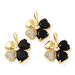 Black Rack Plating Brass Micro Pave Cubic Zirconia Pendants, Long-Lasting Plated, Real 18K Gold Plated, Clover, Black, 24.5x20x6.5mm, Hole: 5.5x3.7mm