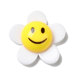 White Acrylic Cabochons, Flower with Smiling Face, White, 24.5x25.5x8.5mm
