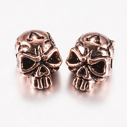 Red Copper Tibetan Style Alloy Beads, Skull, Red Copper, 12x9x10mm, Hole: 1.5mm