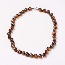 Tiger Eye Natural Tiger Eye Beads Necklaces, with Brass Lobster Claw Clasps, Round, 17.7 inch(45cm) long, beads: 8mm.