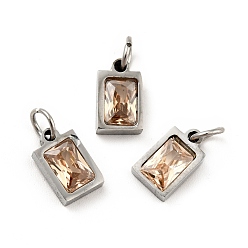 PeachPuff 304 Stainless Steel Pendants, with Cubic Zirconia and Jump Rings, Single Stone Charms, Rectangle, Stainless Steel Color, PeachPuff, 9.5x6x3mm, Hole: 3.6mm