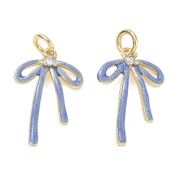 Bleu Bleuet Placage en rack laiton pavé de zircons cubiques transparents, charmes bowknot, avec émail, anneau de jonction et poudre à paillettes, sans cadmium et sans plomb, plaqué longue durée, réel 18 k plaqué or, bleuet, 19x13x2mm, Trou: 3.5mm