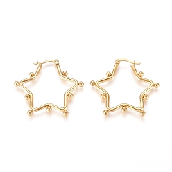 Golden 304 Stainless Steel Hoop Earrings, Hypoallergenic Earrings, with Round Beads, Star, Golden, 34.5x37.5x3mm, Pin: 0.5x0.9mm