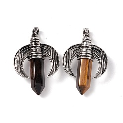 Tiger Eye Natural Tiger Eye Pendants, with Antique Silver Tone Alloy Ox Horn Findings, Cadmium Free & Lead Free, Faceted Bullet Charm, 49x36x15mm, Hole: 4x8mm