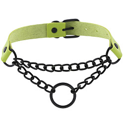 (black circle) green Dark Punk Leather Collar Necklace with Round Rings and Chain for Street Style