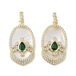 Green Rack Plating Shell Brass Micro Pave Cubic Zirconia Pendants, Cadmium Free & Lead Free, Long-Lasting Plated, Real 18K Gold Plated, Green, 33.5x19x5mm, Hole: 2x6.5mm