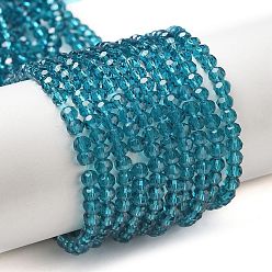Dark Turquoise Transparent Glass Beads Strands, Faceted(32 Facets), Round, Dark Turquoise, 3~3.5mm, Hole: 0.6mm, about 174~175pcs/strand, 21.18~21.34 inch(53.8~54.2cm)