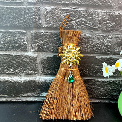 Sun Wood Wicca Broom Car Hanging Decoration, with Alloy Decoration and Teardrop Glass Charm, Sun, 140x90mm