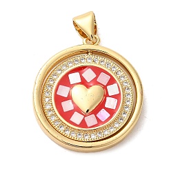 Светло-Вишневый Плоские круглые подвески с сердцем из латуни с микропаве и фианитами, с эмалью и ракушкой, долговечный, без свинца и без кадмия, реальный 18 k позолоченный, светло-вишневый, 23x20x3 мм, отверстие : 5x4 мм