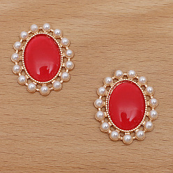 Red Retro Alloy Cabochons, with Imitation Cat Eye and Pearl, Oval, Light Gold, Red, 28x23mm