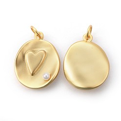Real 18K Gold Plated Brass Pendants, with Acrylic Pearl Beads, Long-Lasting Plated, Oval with Heart, Real 18K Gold Plated, 27~29x20~23x4~6mm, Hole: 5mm
