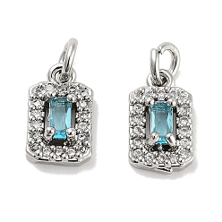 Голубой Латунные микро проложить кубического циркония прелести, с целью перехода в кольце, прямоугольные, платина, голубой, 10x6x3.5 мм, отверстие : 2.5 мм