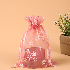 Лосось Прямоугольные сумки из органзы на шнурке, вышивка цветочным узором, salmon, 14x10 см