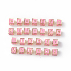 Pearl Pink Rack Plating Brass Enamel Beads, Cadmium Free & Nickel Free & Lead Free, Real 18K Gold Plated, Cube with Letter A`Z, Pearl Pink, 6x6x6mm, Hole: 2.5mm